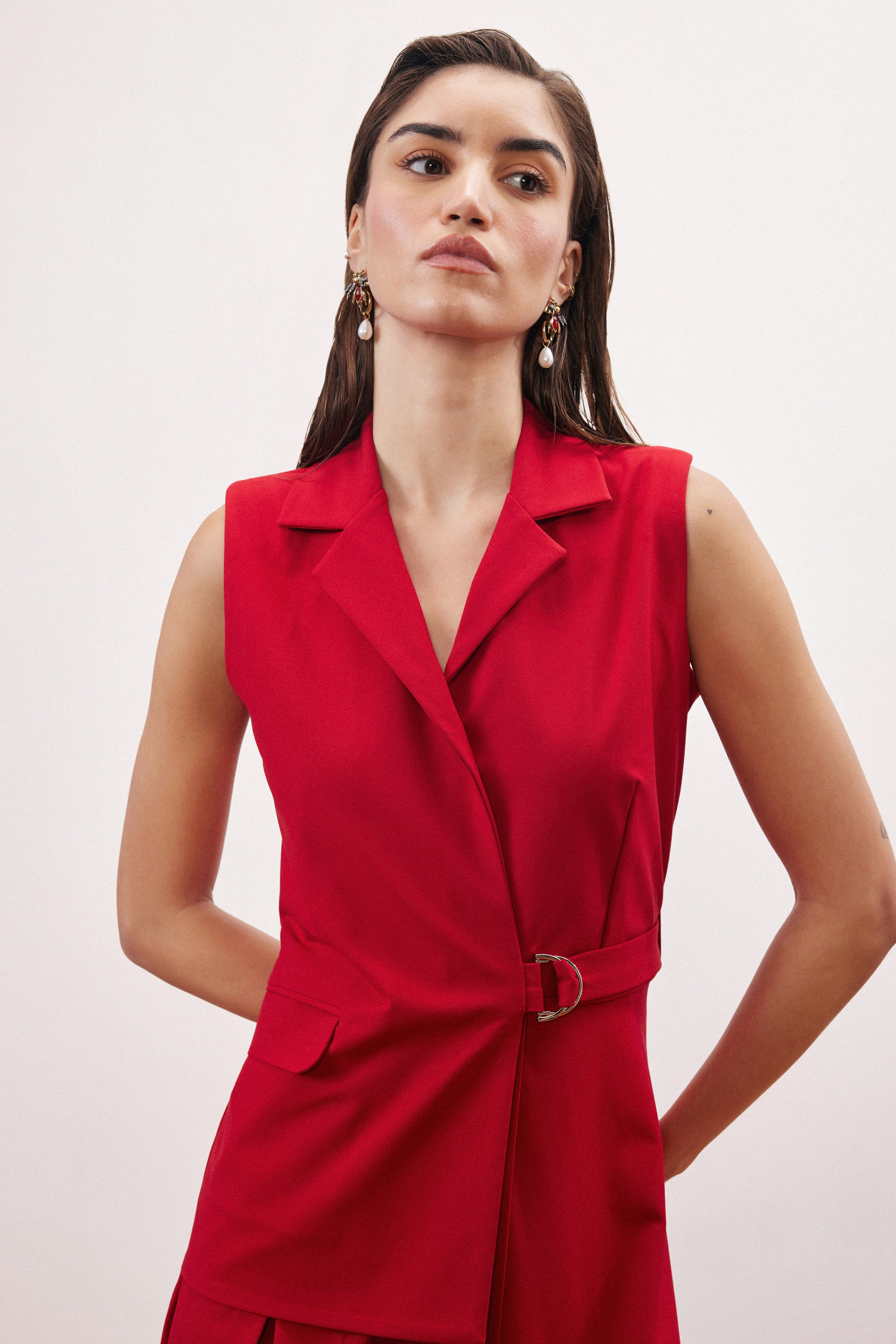 red sleeveless blazer dress Women's Tailored Double Breasted Sleeveless Blazer Dress