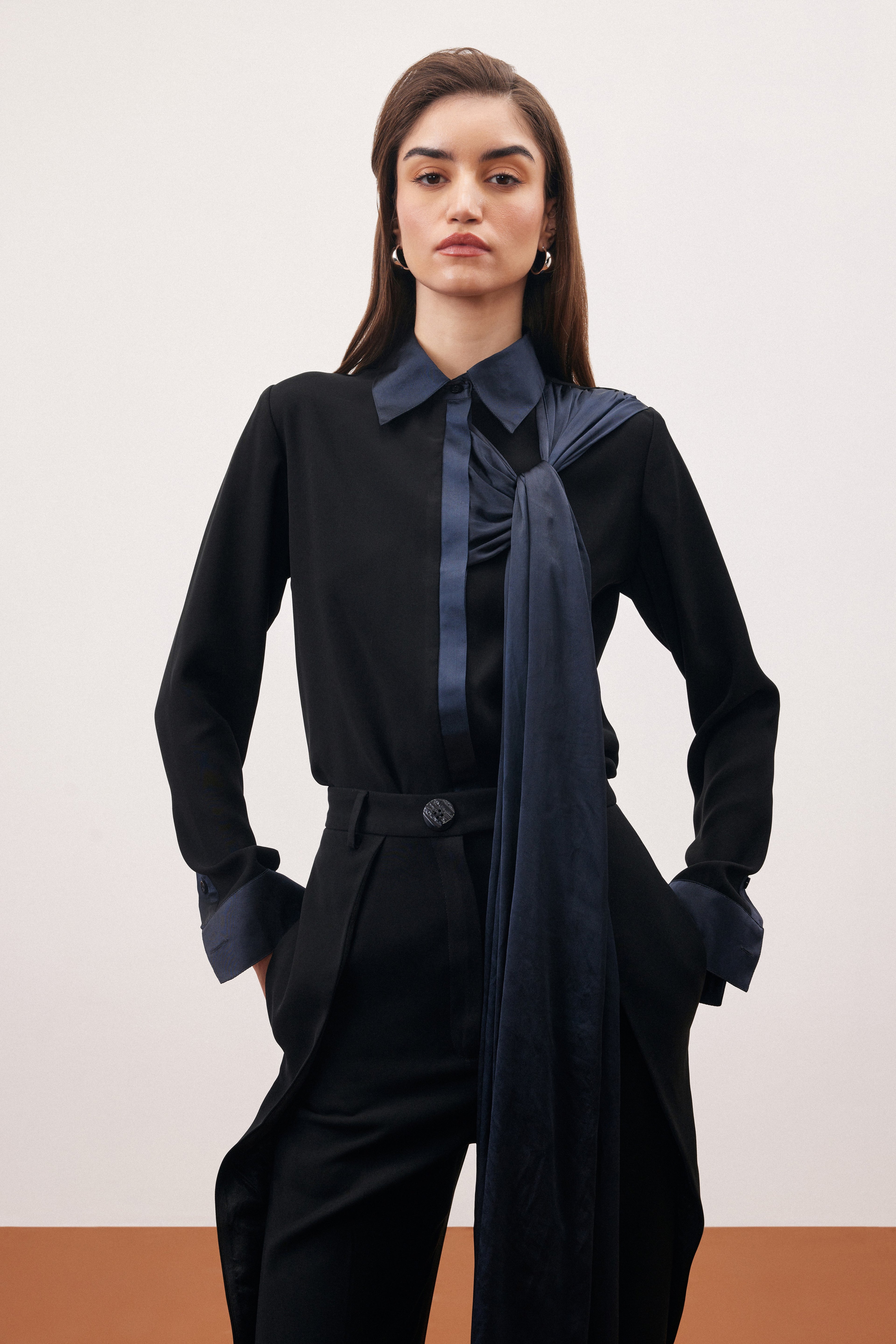 BLACK SHIRT & TROUSER SET (SCARF DETAIL)