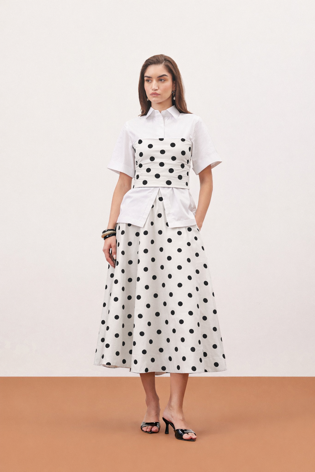 POLKA SHIRT AND SKIRT DRESS WHITE